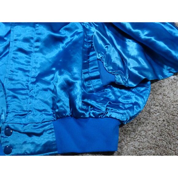 Vintage 90s Westark Blank Blue Satin Bomber Jacket, Size 2XL Distressed Fading - Picture 2 of 12